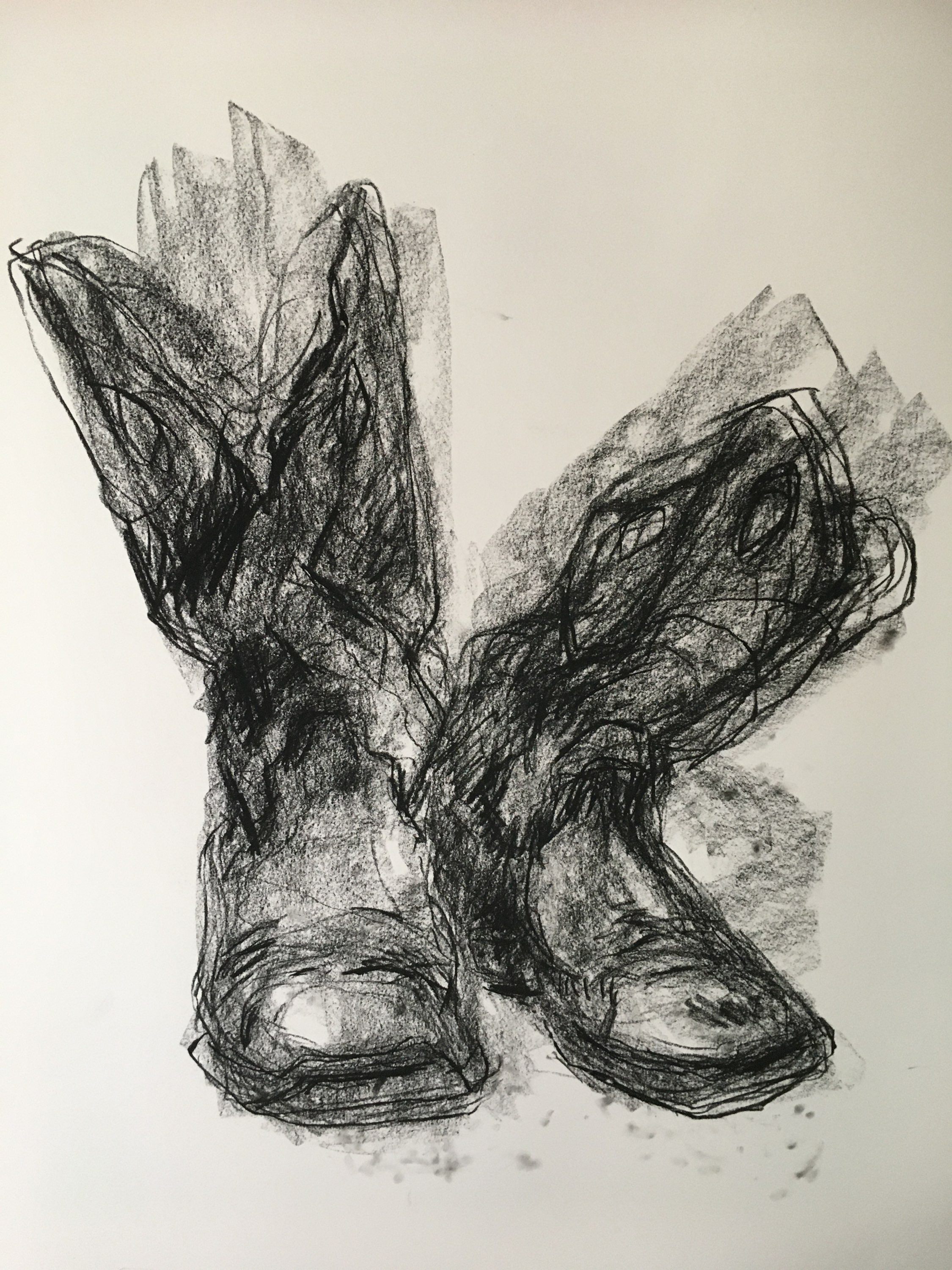 Angela Stewart, Boot 1, 2018, charcoal on rag paper, 76 x 56cm