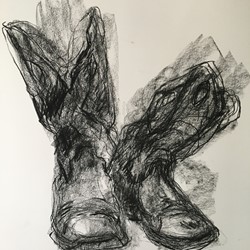 Angela Stewart, Boot 1, 2018, charcoal on rag paper, 76 x 56cm
