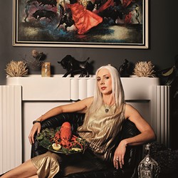 Toni Wilkinson, Maria with Crayfish Platter and Pomegranates, 2022, archival digital print on Canson Photographique paper, 150 x 118cm, ed. 5