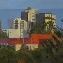 Kevin Robertson,  View Towards East Perth, 2023, oil on canvas, 50 x 61.5cm