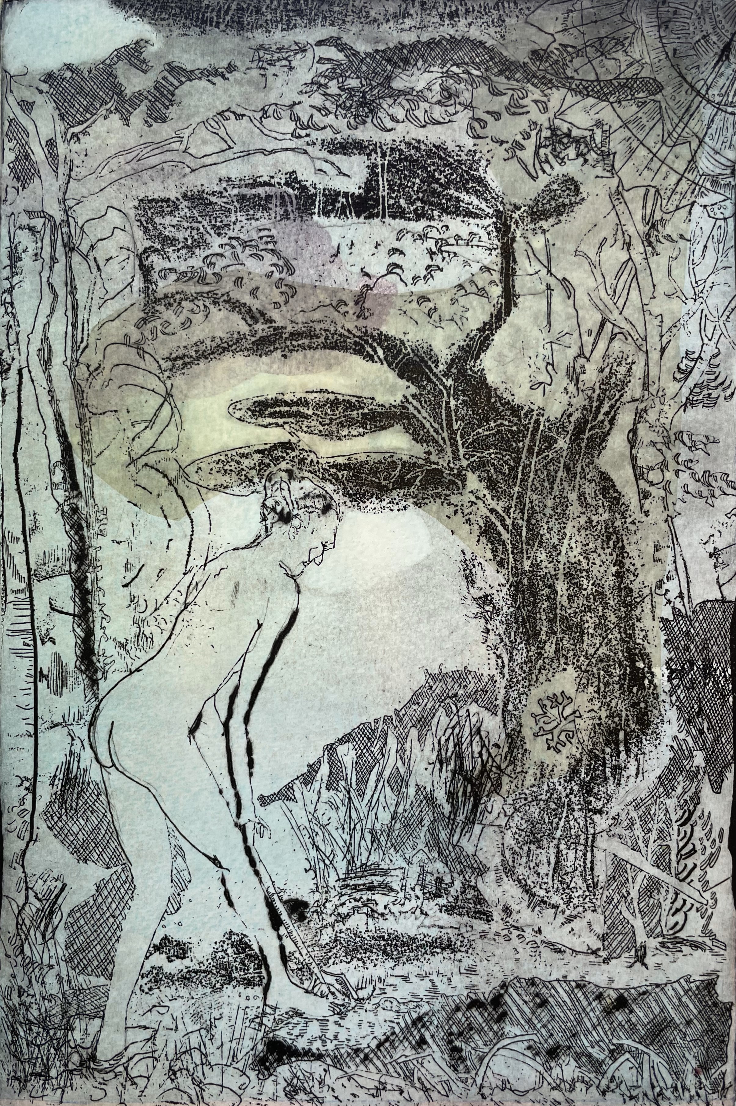 Antony Muia, Earth, 2023, unique state etching on hand-coloured paper, 32 x 22cm