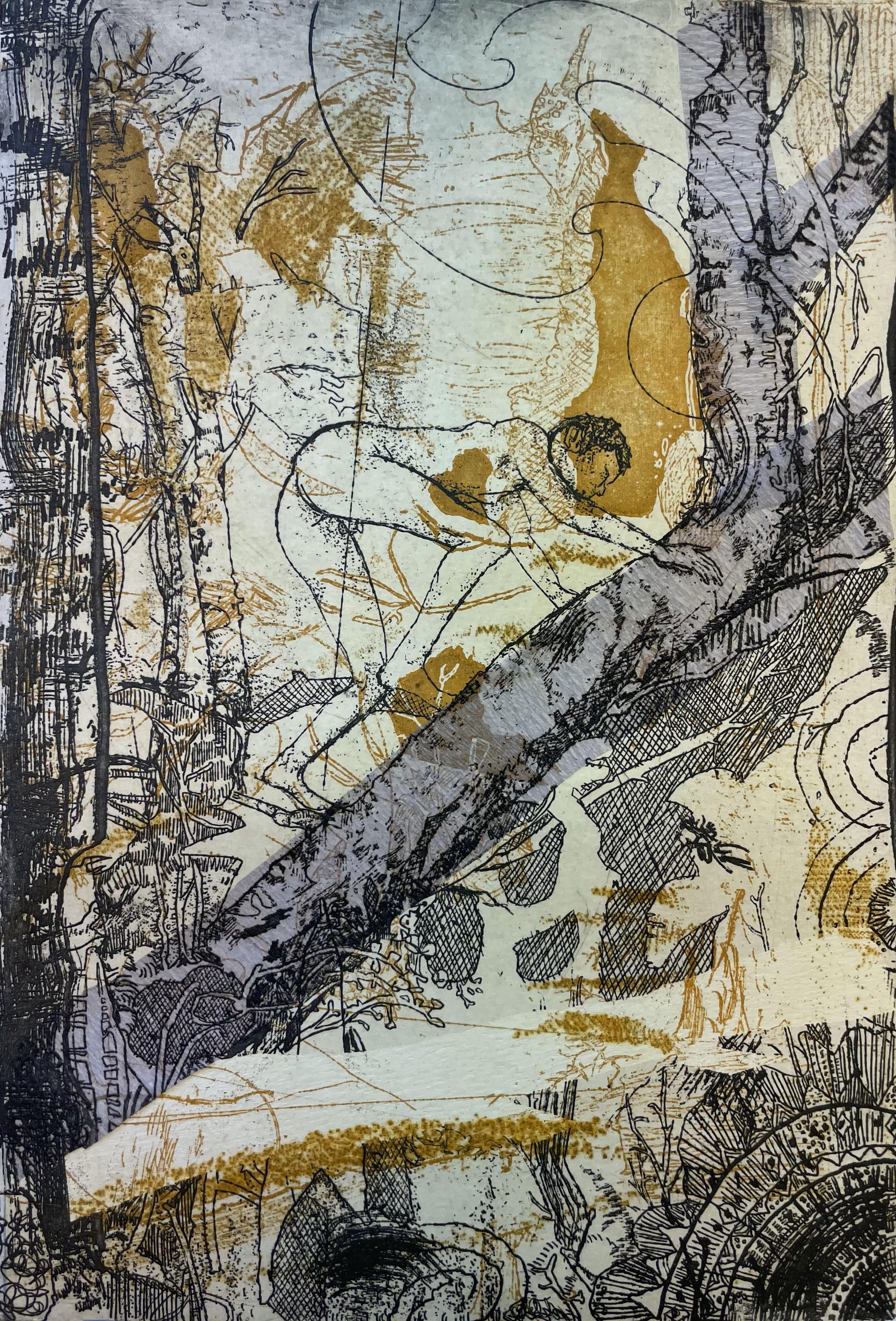 Antony Muia, Floating World, 2023, unique state etching and chine colle on hand-coloured paper, 32 x 22cm