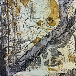 Antony Muia, Floating World, 2023, unique state etching and chine colle on hand-coloured paper, 32 x 22cm