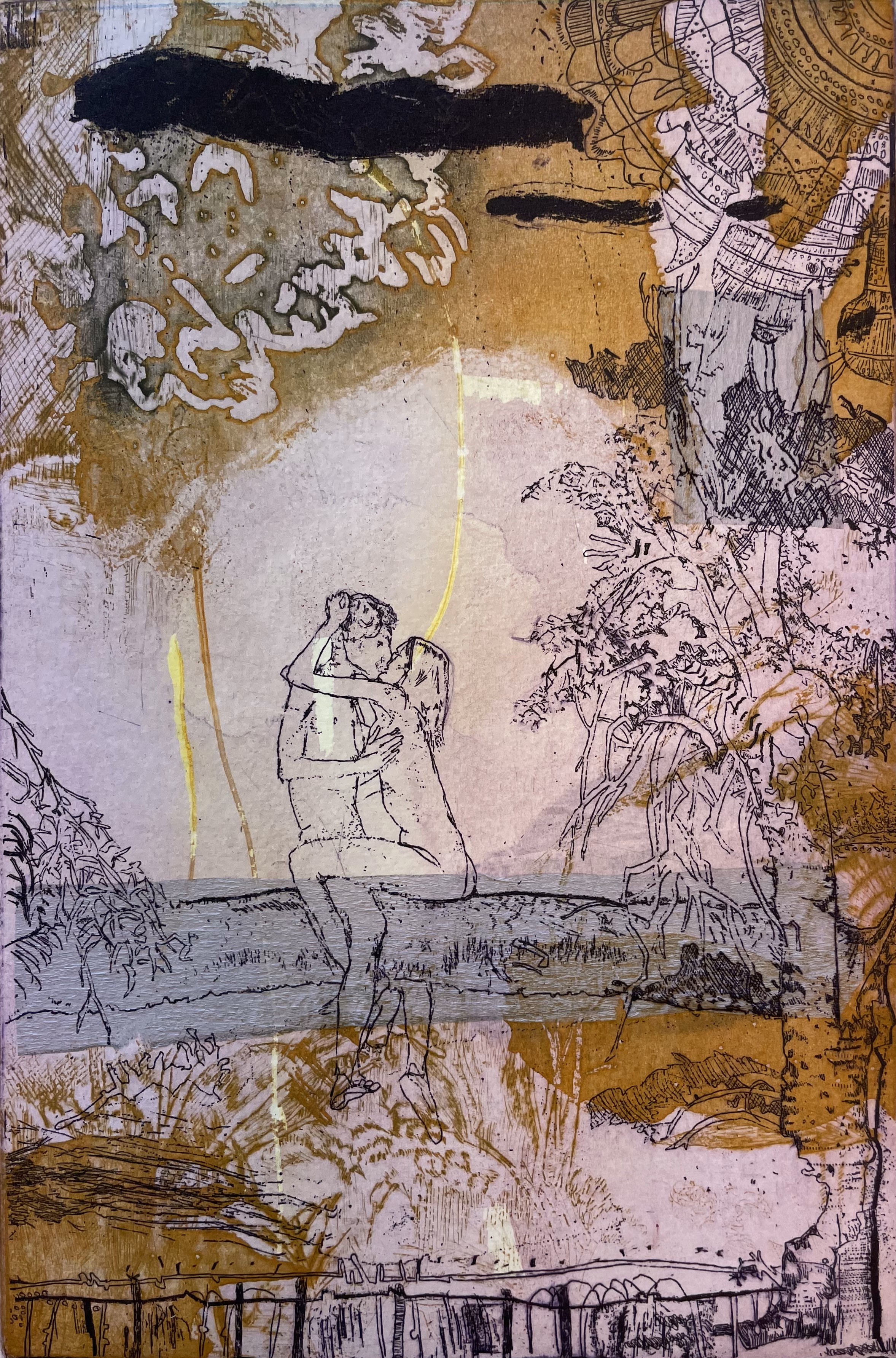 Antony Muia, La Petite Mort, 2023, unique state etching and chine colle on hand-coloured paper, 32 x 22cm