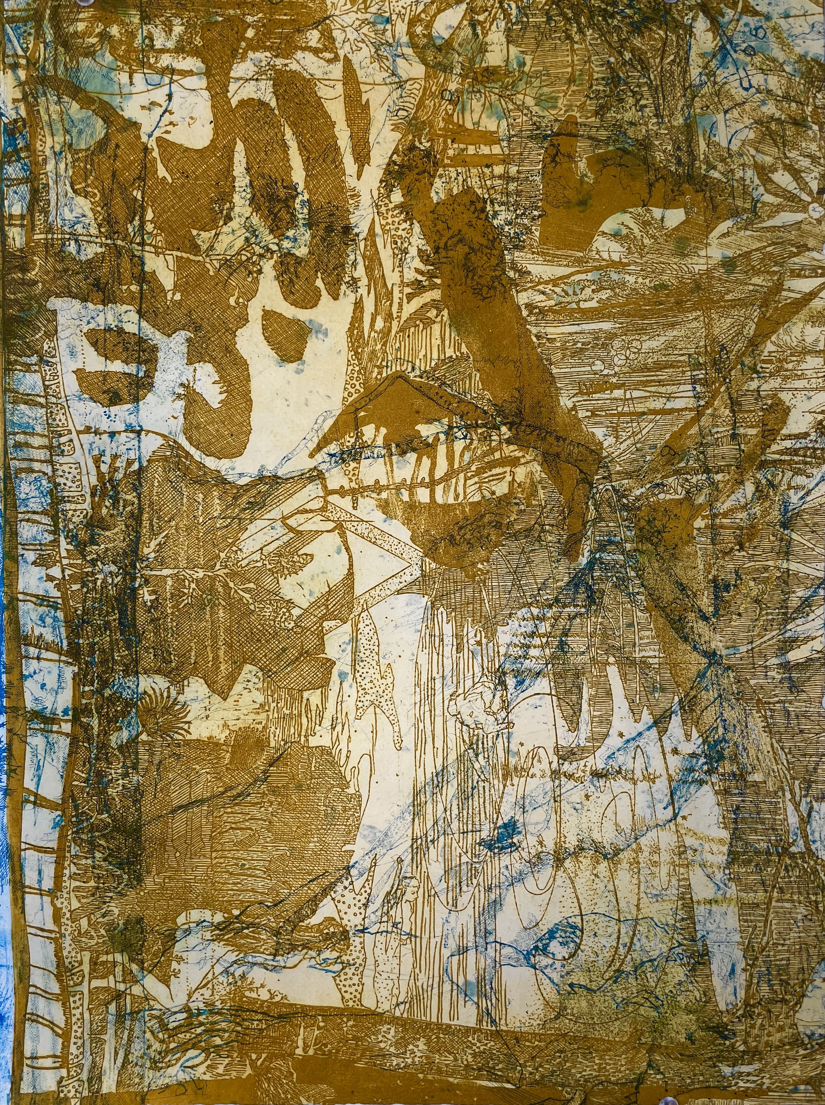 Antony Muia, Love, 2023, unique state etching on hand-coloured paper, 50 x 38cm