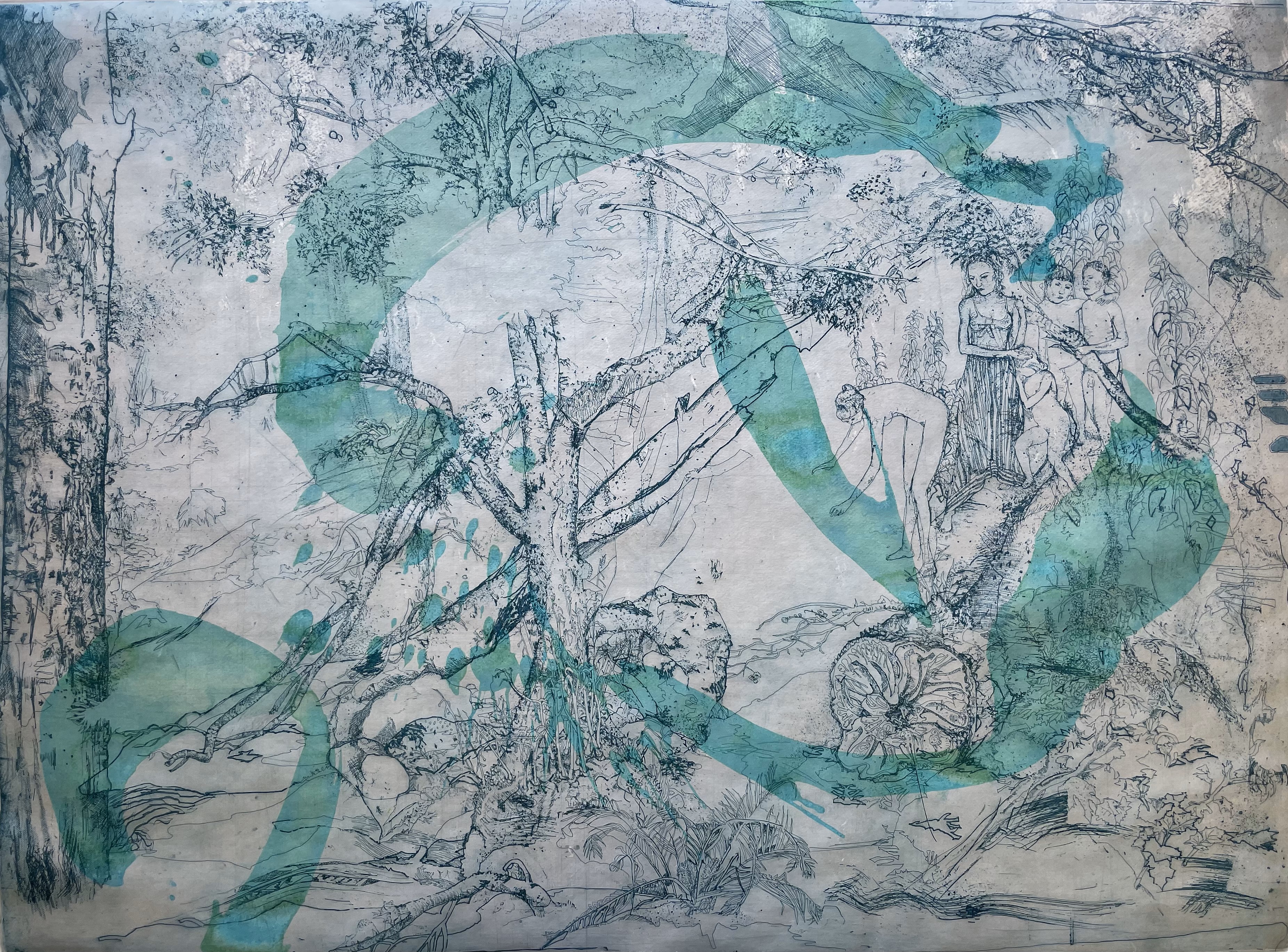 Antony Muia, Mother and Child, 2022, unique state etching on hand-coloured paper, 59 x 80cm