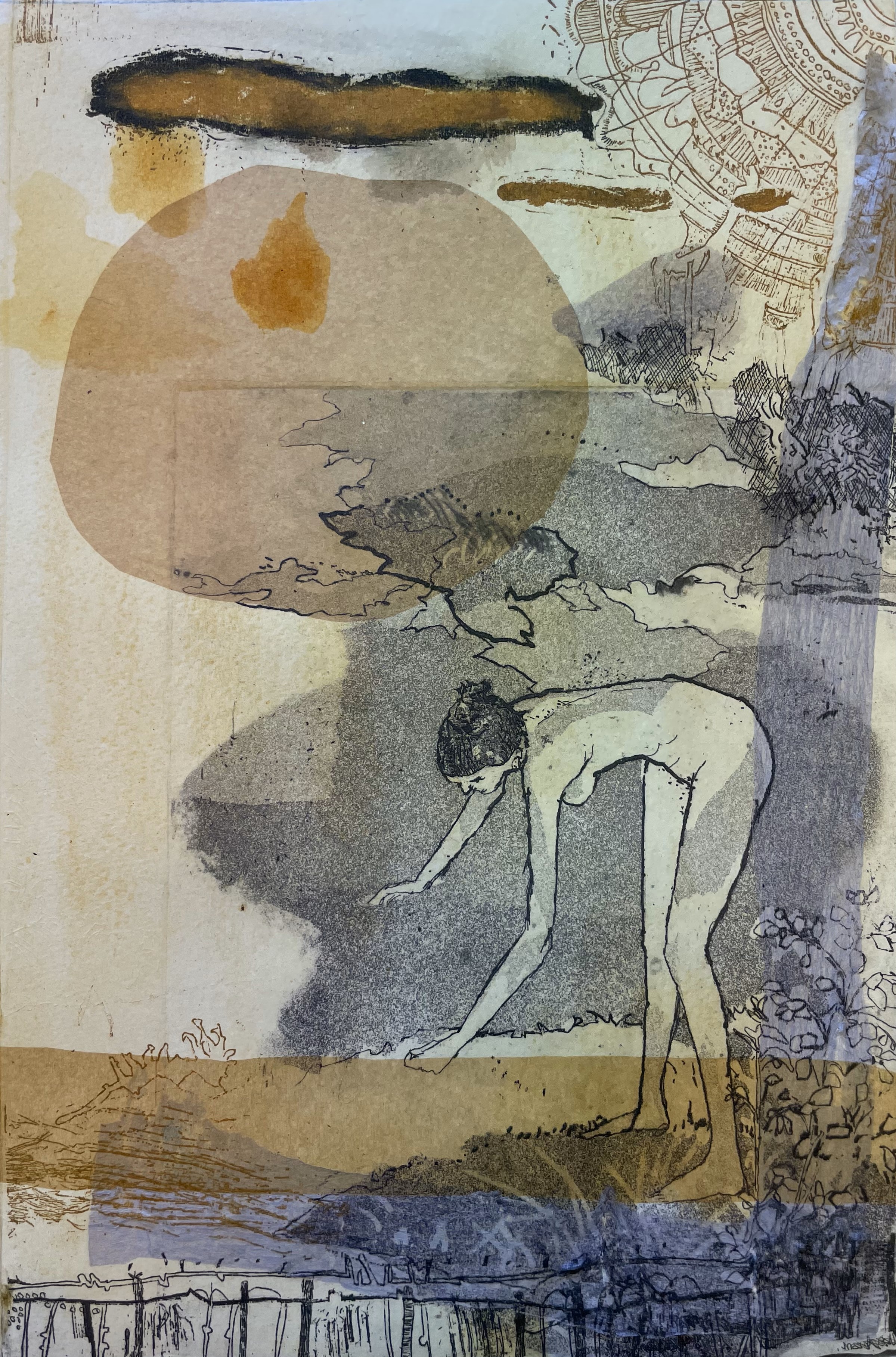 Antony Muia, Sphere, 2023, unique state etching and chine colle on hand-coloured paper, 32 x 22cm
