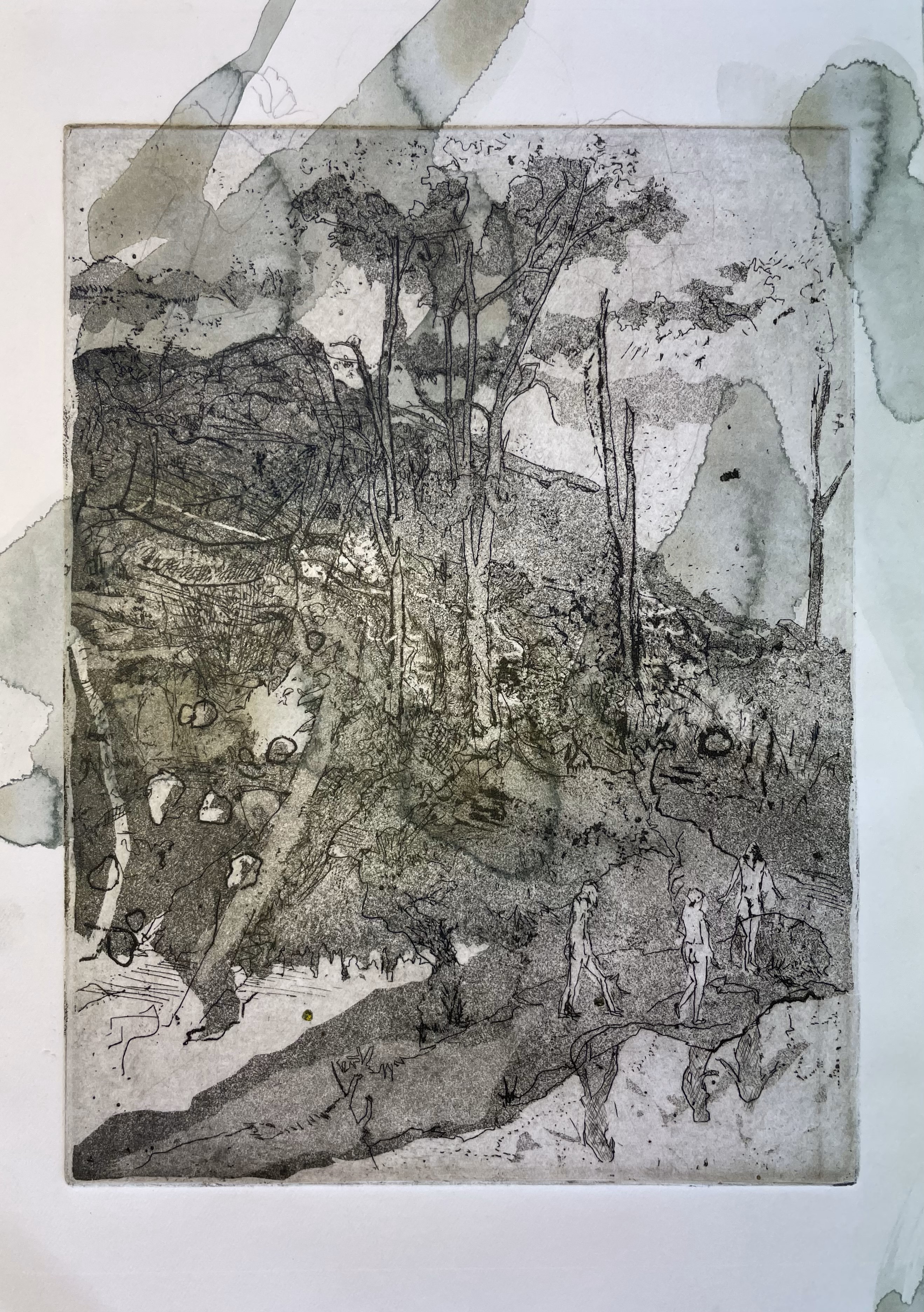 Antony Muia, Upper Reach, 2023, unique state etching on hand-coloured paper, 32 x 22cm