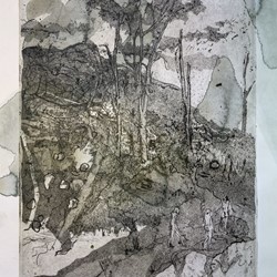 Antony Muia, Upper Reach, 2023, unique state etching on hand-coloured paper, 32 x 22cm