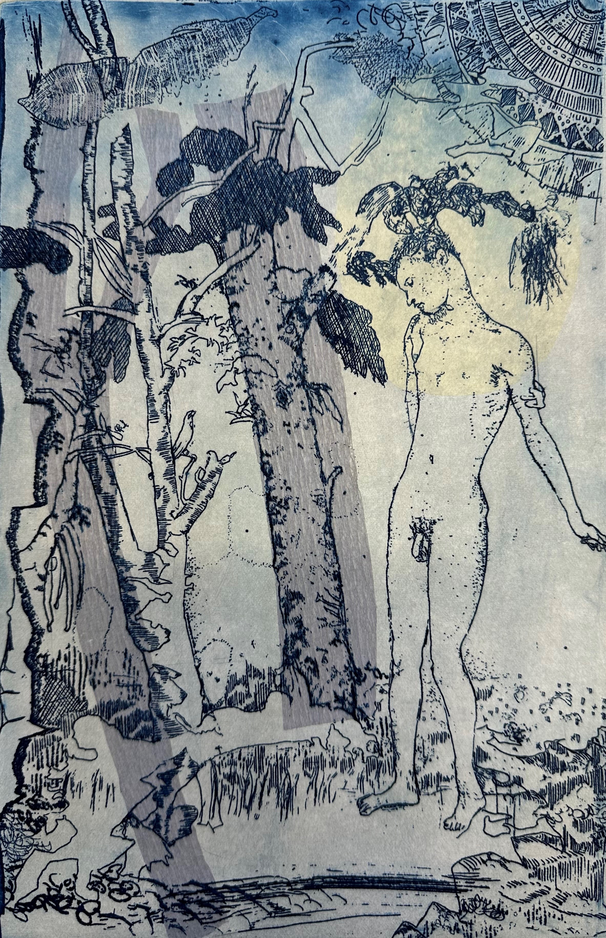 Antony Muia, Aquarius, 2023, etching and chine colle on hand-coloured paper, 32 x 22cm