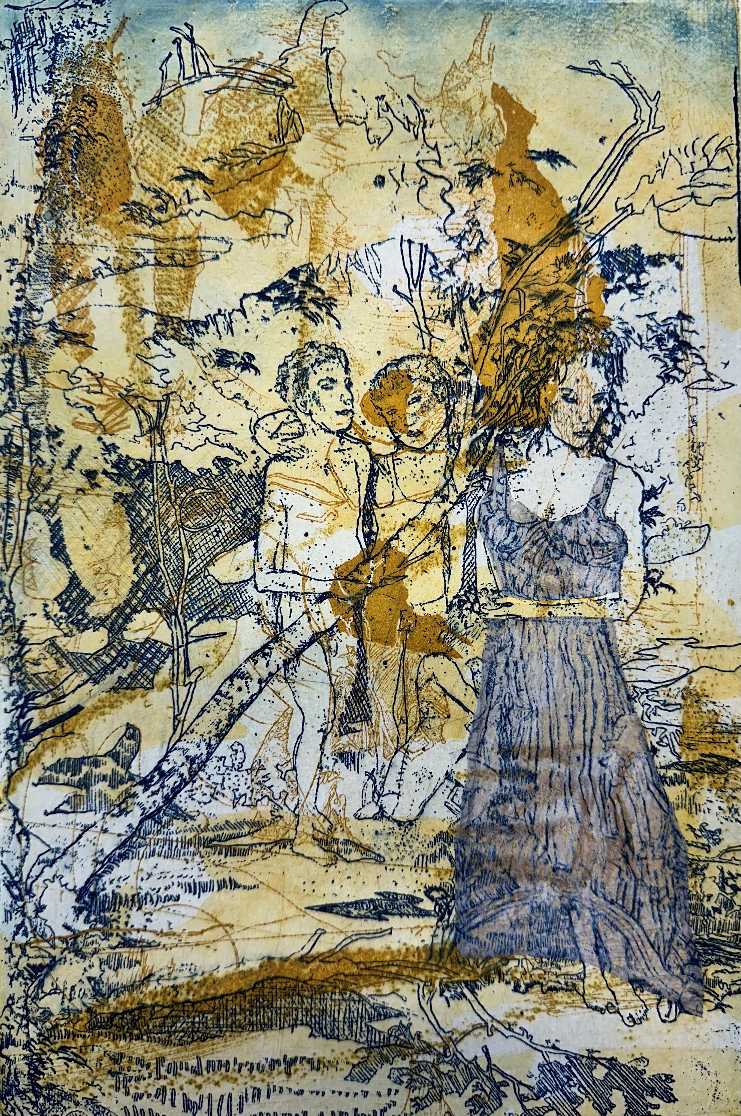 Antony Muia, Family, 2023, etching and chine colle on hand-coloured paper, 32 x 22cm