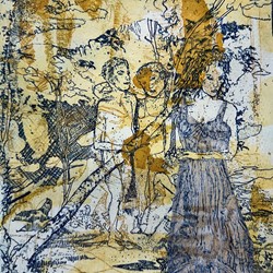 Antony Muia, Family, 2023, etching and chine colle on hand-coloured paper, 32 x 22cm