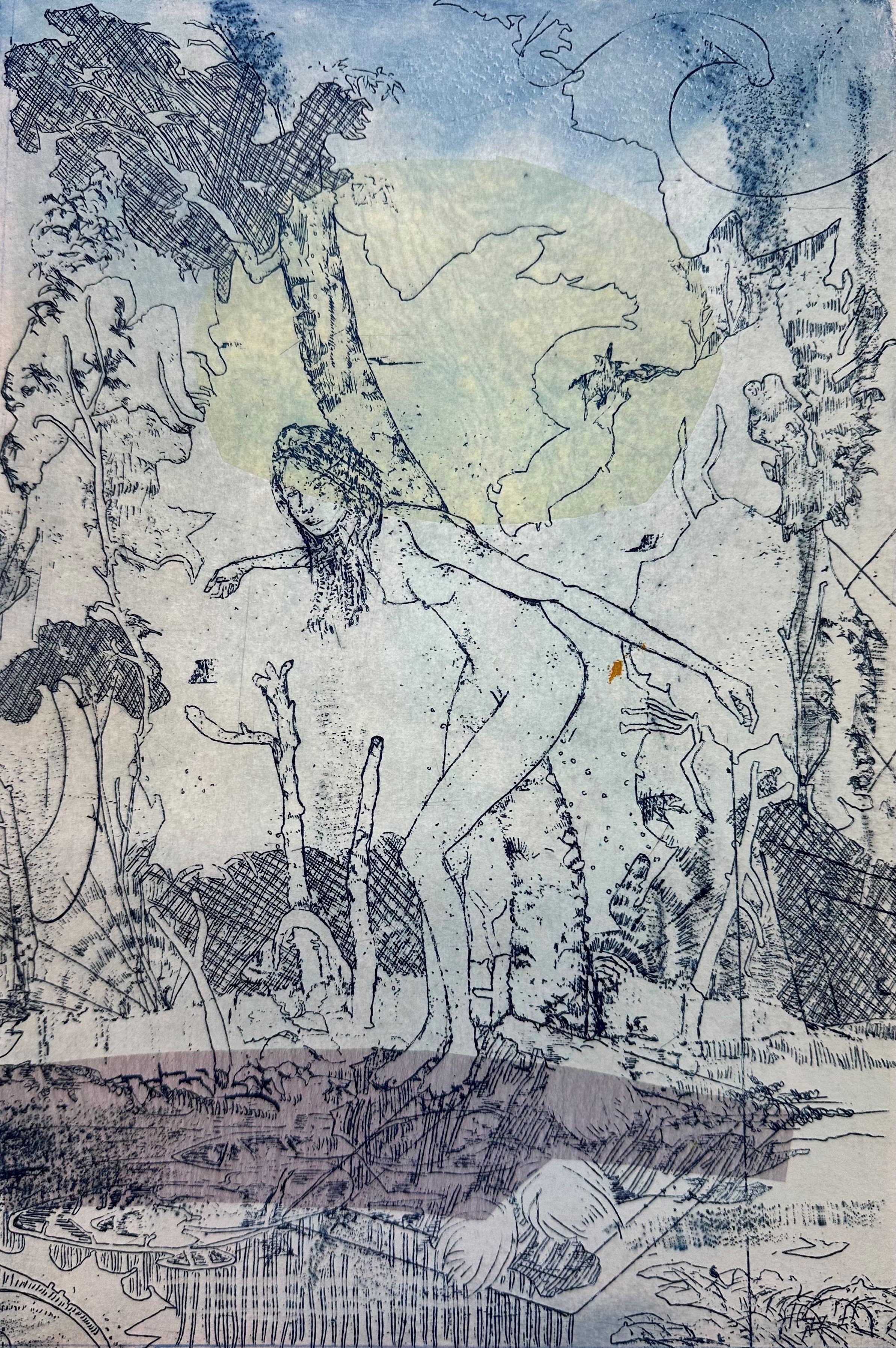 Antony Muia, Shadow, 2023, etching and chine colle on hand-coloured paper, 32 x 22cm