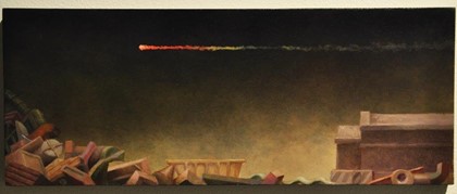 Stuart Elliott. Clearing Haus III, 2022. oil on board, 180 x 40cm