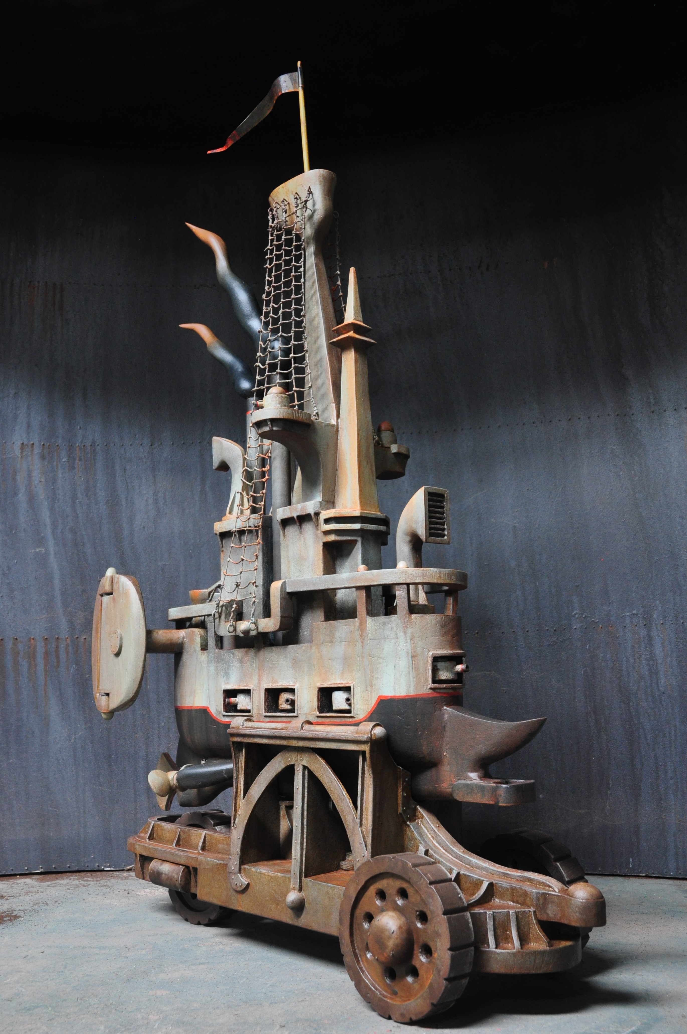 Stuart Elliott, Wheeled Dreadnought, 2016, wood, paint s and cotton., 80 x 75 x 40cm