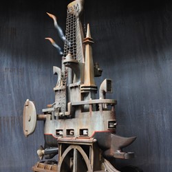 Stuart Elliott, Wheeled Dreadnought, 2016, wood, paint s and cotton., 80 x 75 x 40cm