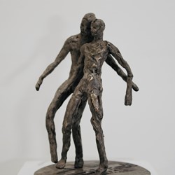 Jon Tarry, Double Hold - an embrace of the unknown, 2023, bronze lost wax cast and silver nitrate patina, 60 x 8 x 8cm