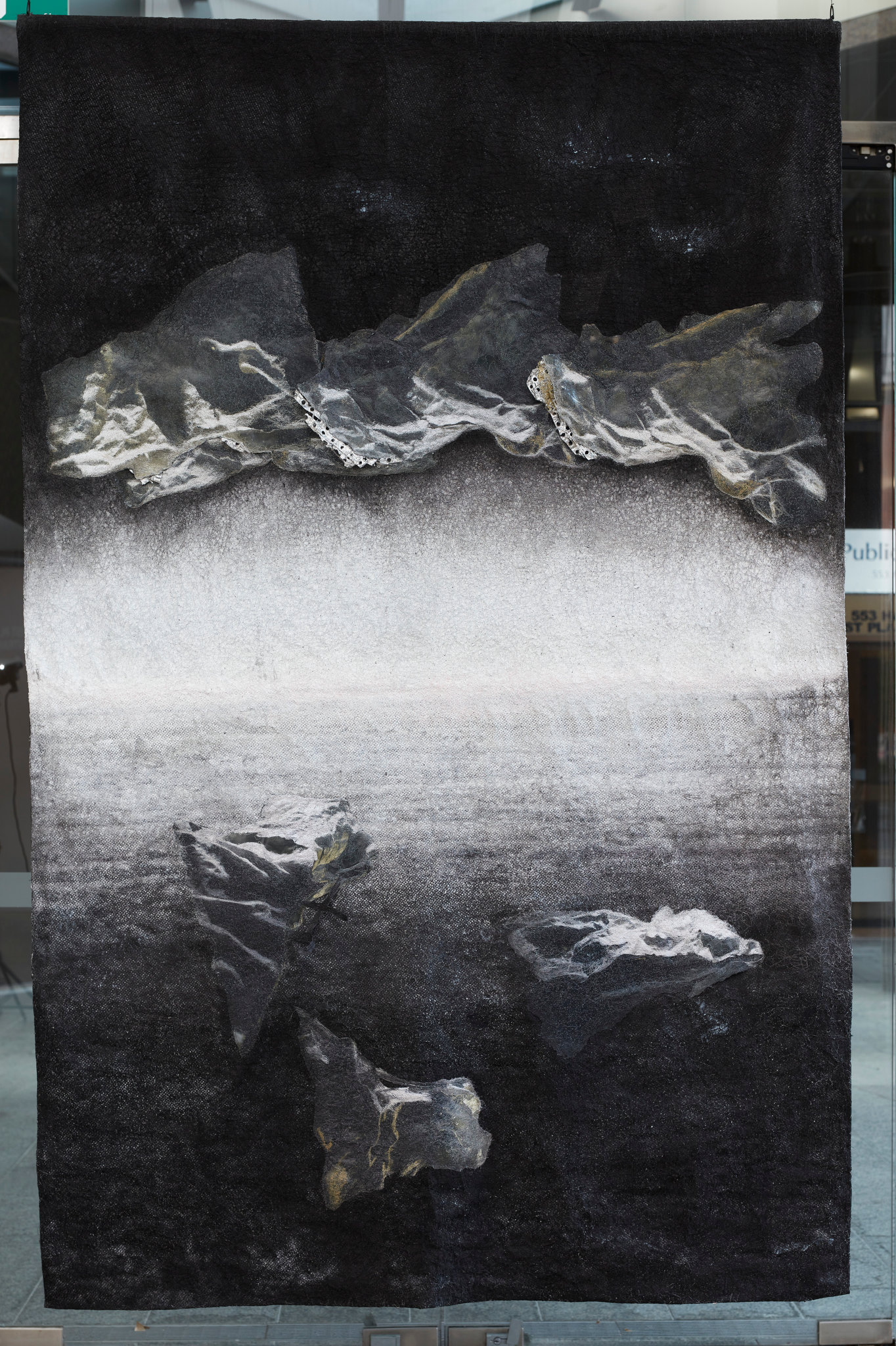 Susan Roux, Un-ravelling, 2023, ink, polyester thread and aluminium on 325gsm Epson paper with 224gsm Canson paper, 220 x 150cm