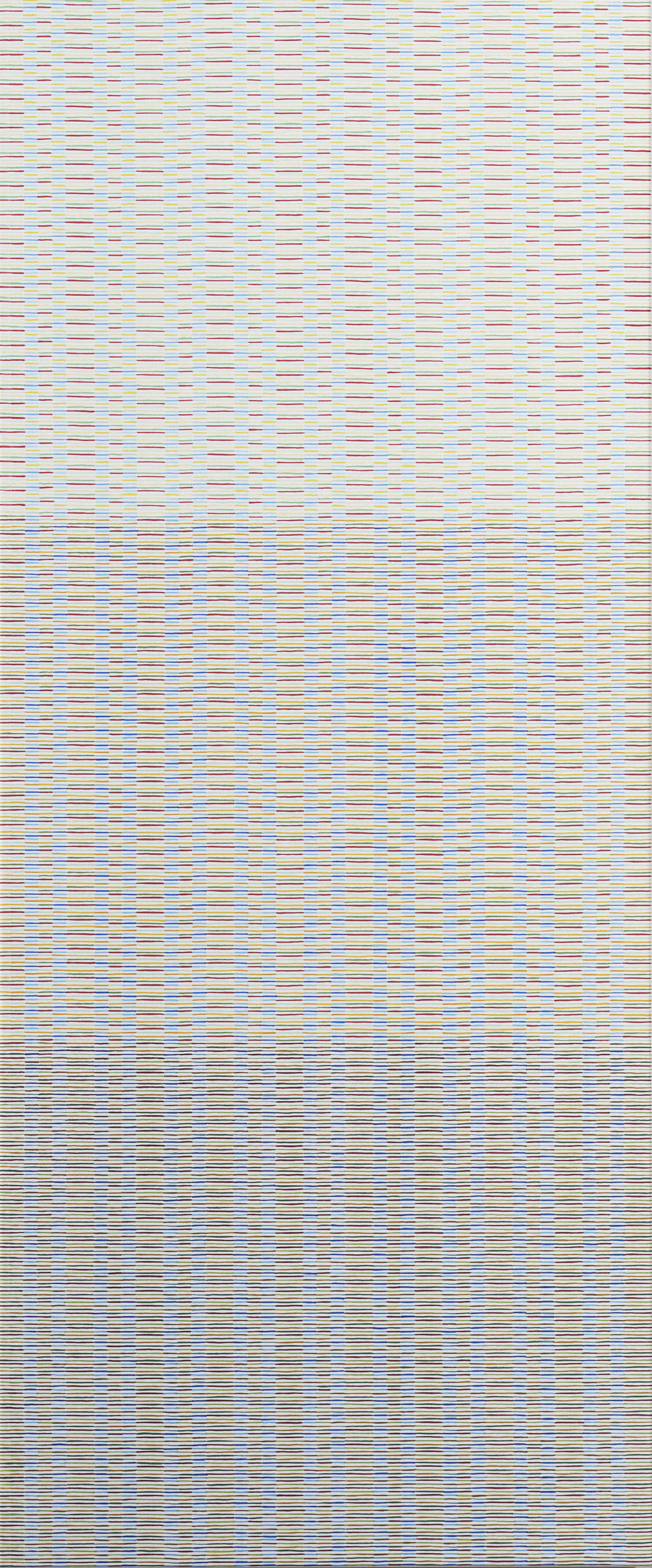 Eveline Kotai, Trill, 2023, acrylic paint and poly-filament thread on linen, 140 x 58cm