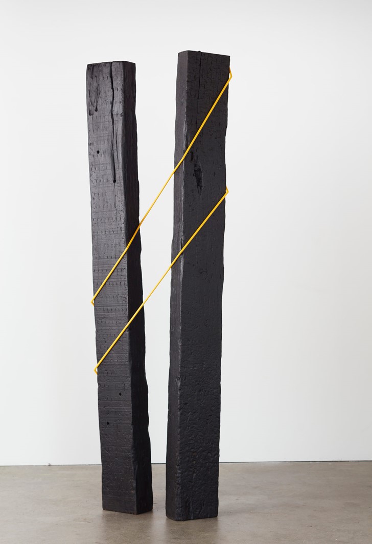 Jennifer Cochrane, Sleeper Self-Portrait with Impossible Shadow #1, 2023, burnt jarrah, wax and powder coated steel, 201 x 64 x 20cm