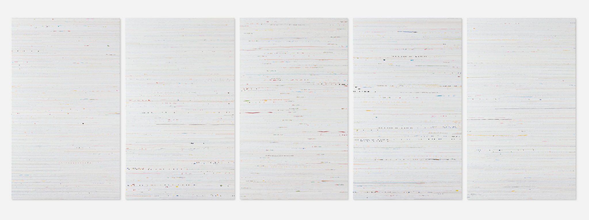 Eveline Kotai, Pause, 2023, acrylic paint and poly-filament thread on linen, 152 x 91cm (each, 5 panels)