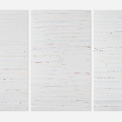 Eveline Kotai, Pause, 2023, acrylic paint and poly-filament thread on linen, 152 x 91cm (each, 5 panels)