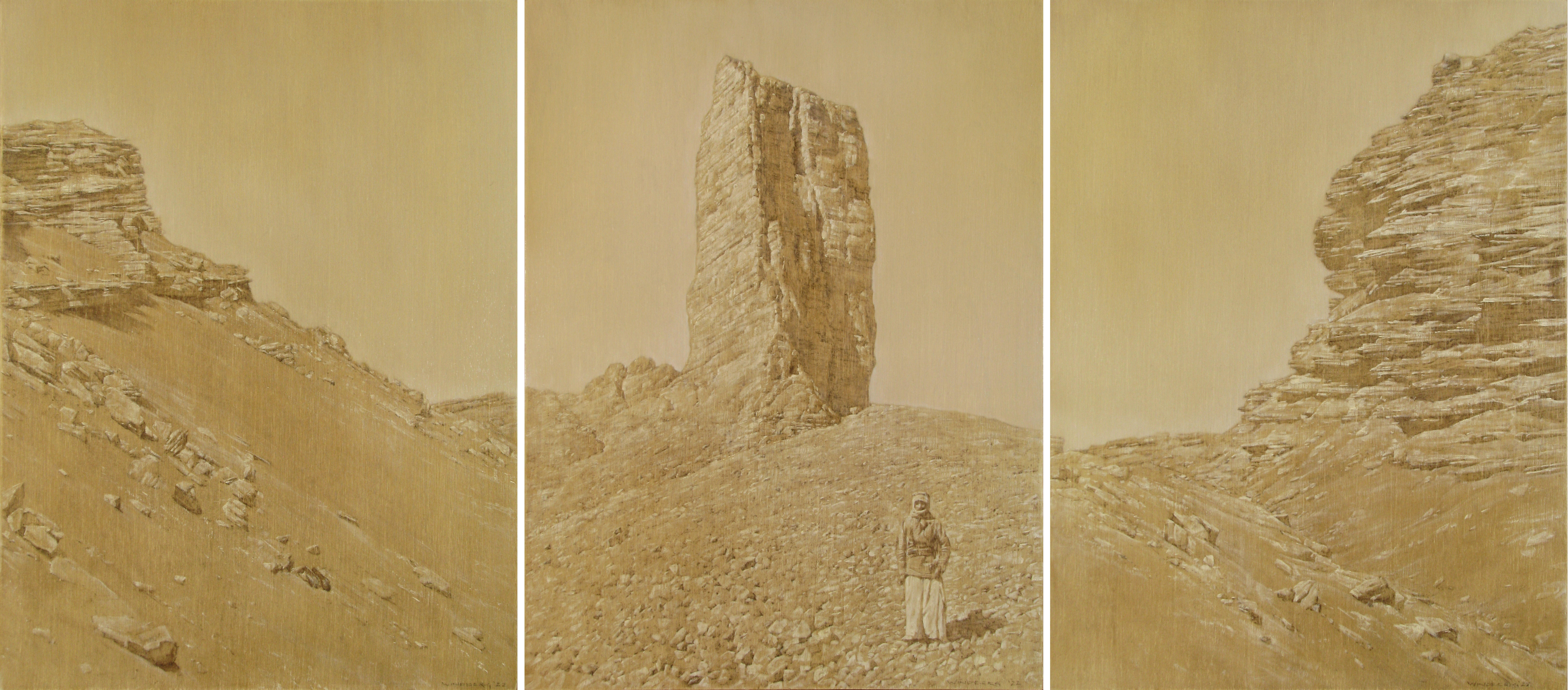 Tony Windberg, Wonders of the Worlds XIII, 2022, oil and Conte crayon on wood, 40.5 x 91.5cm (3 panels)