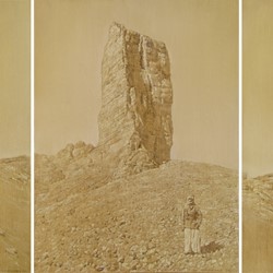 Tony Windberg, Wonders of the Worlds XIII, 2022, oil and Conte crayon on wood, 40.5 x 91.5cm (3 panels)