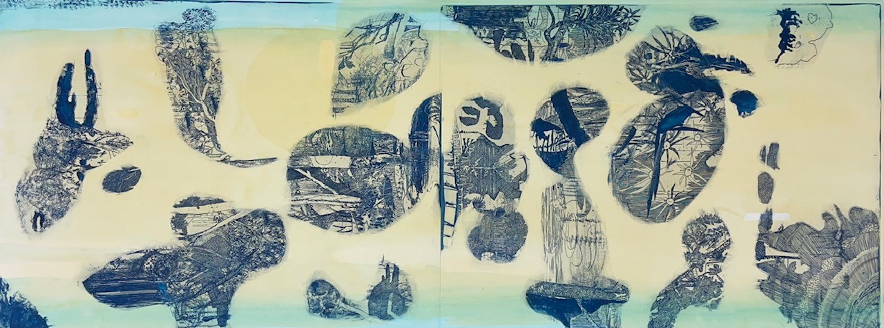 Antony Muia, Untitled, 2022, unique state etching on hand coloured paper, 60 x 160cm