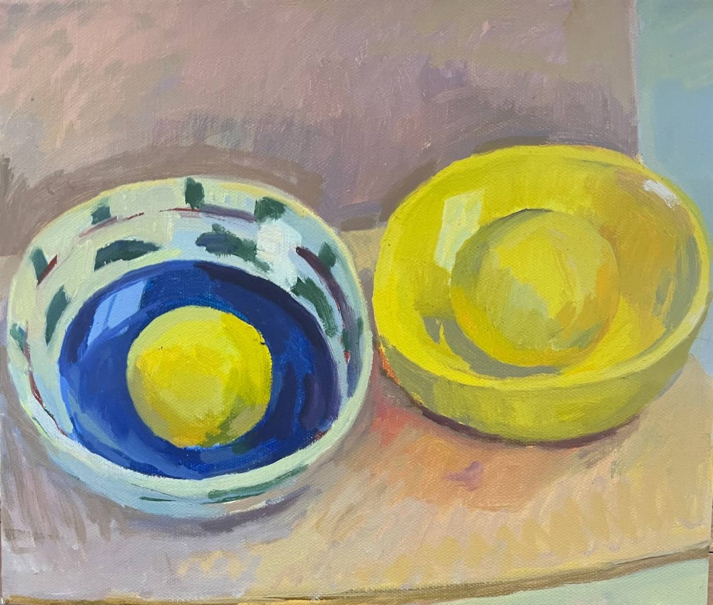 Jane Martin, Yellow Bowl, Blue Bowl, 2017, oil on board, 30 x 36cm