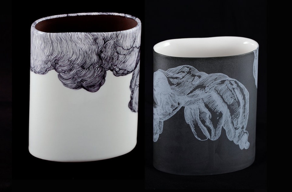 Andrew Nicholls with Sandra Black, Smoke 1 and Grey Wrap 1, 2014, black and white slipcast porcelain, glaze and decal, 13.4 x 11 x 6cm and 13 x 10.8 x 6cm