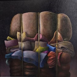 Stuart Elliott, Homemade Burger, 2022, oil on board, 44 x 44cm