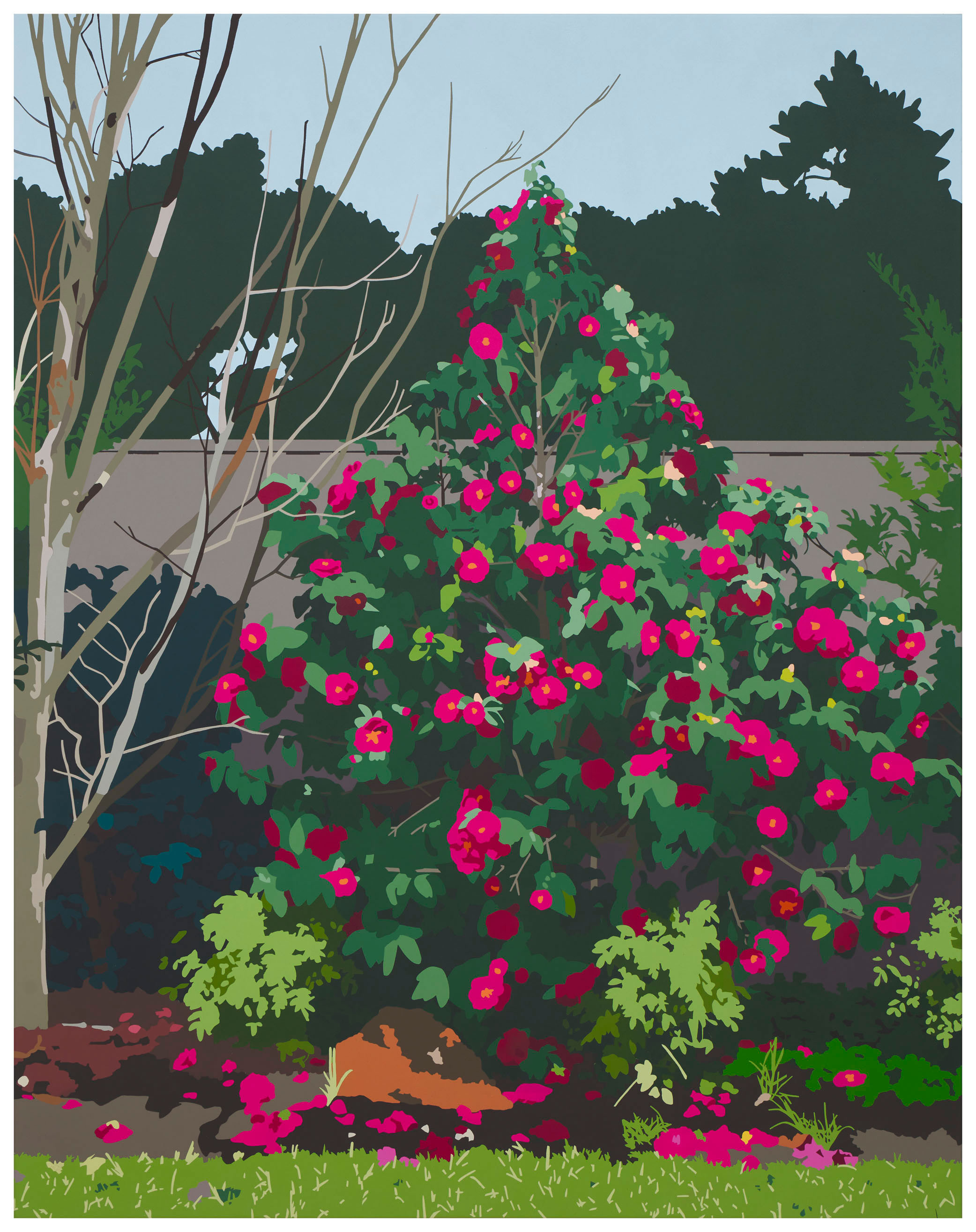 Joanna Lamb, Backyard Garden with Camellia, 2023, acrylic on superfine polyester, 180 x 142cm