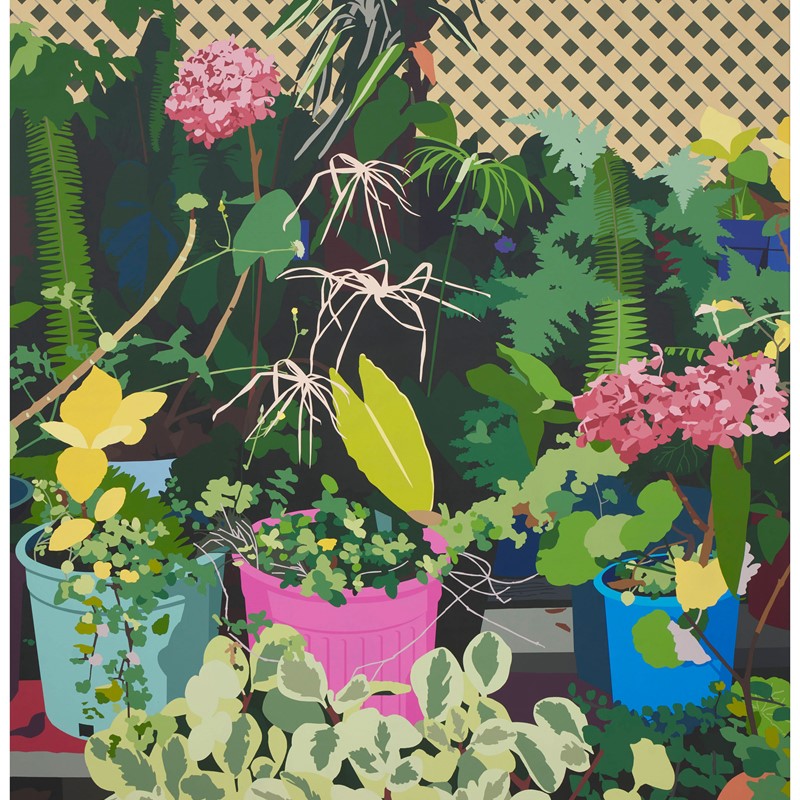 Backyard Garden with Pot Plants, 2023, acrylic on superfine polyester, 180 x 164cm
