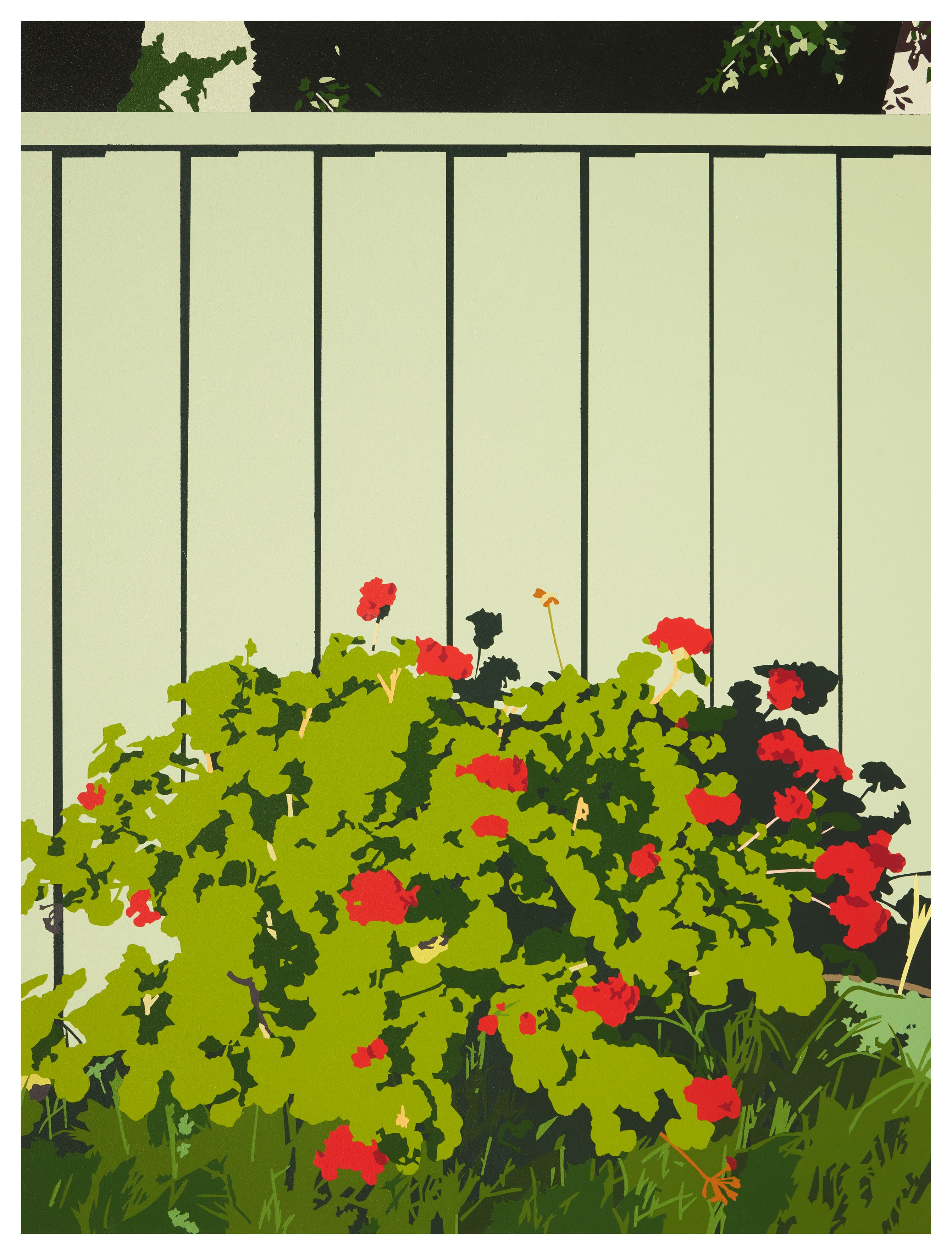 Joanna Lamb, Front Yard with Geraniums, 2023, acrylic on board, 61 x 46cm