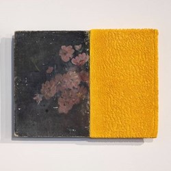 Andre Lipscombe, Yellow Over Painting, 2018-2023, acrylic paint on acrylic sheet with timber, 30.5 x 40 x 3cm