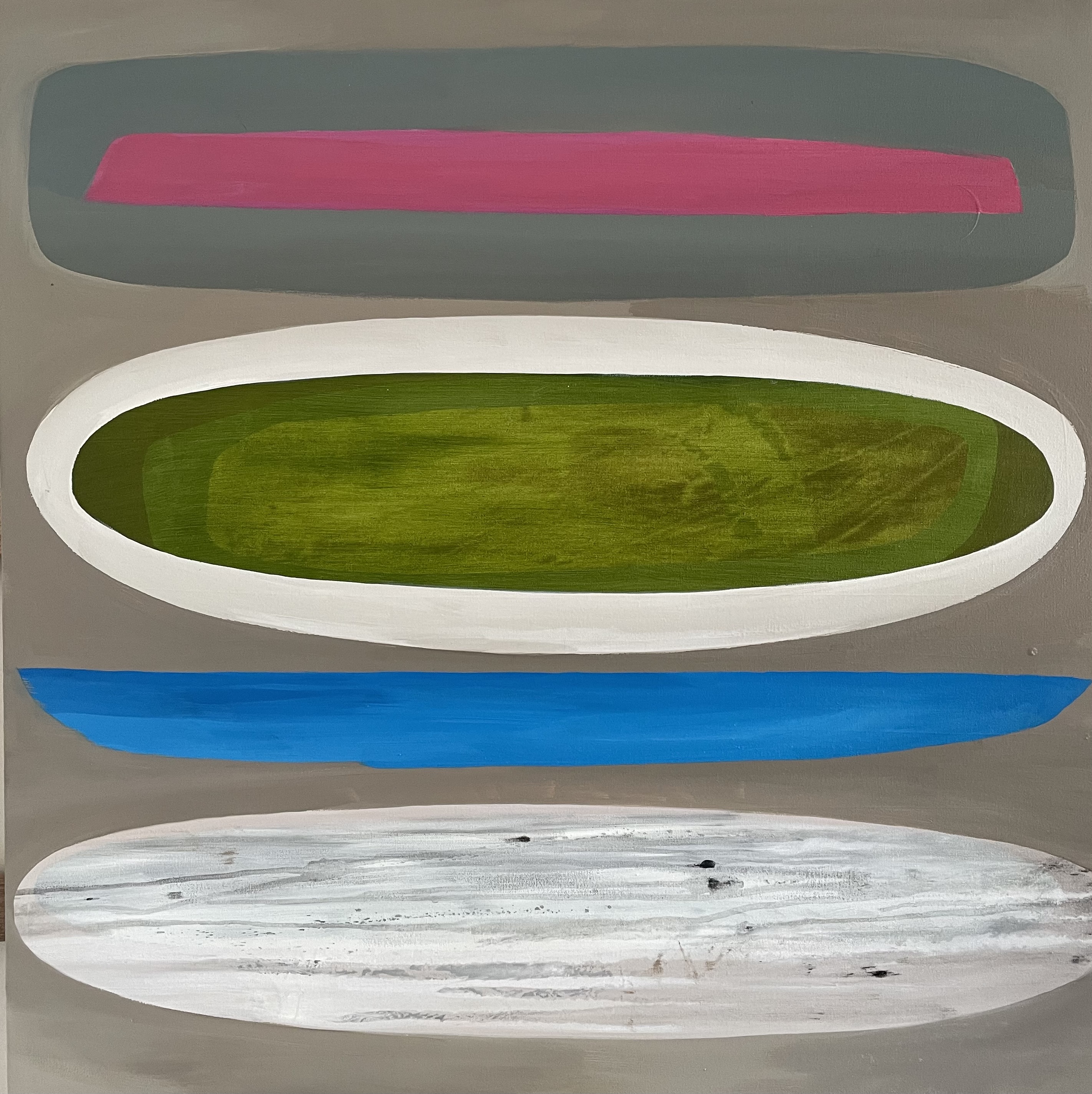 Jo Darbyshire, Pink Lake, Green Lake, 2023, oil on canvas, 100 x 100cm