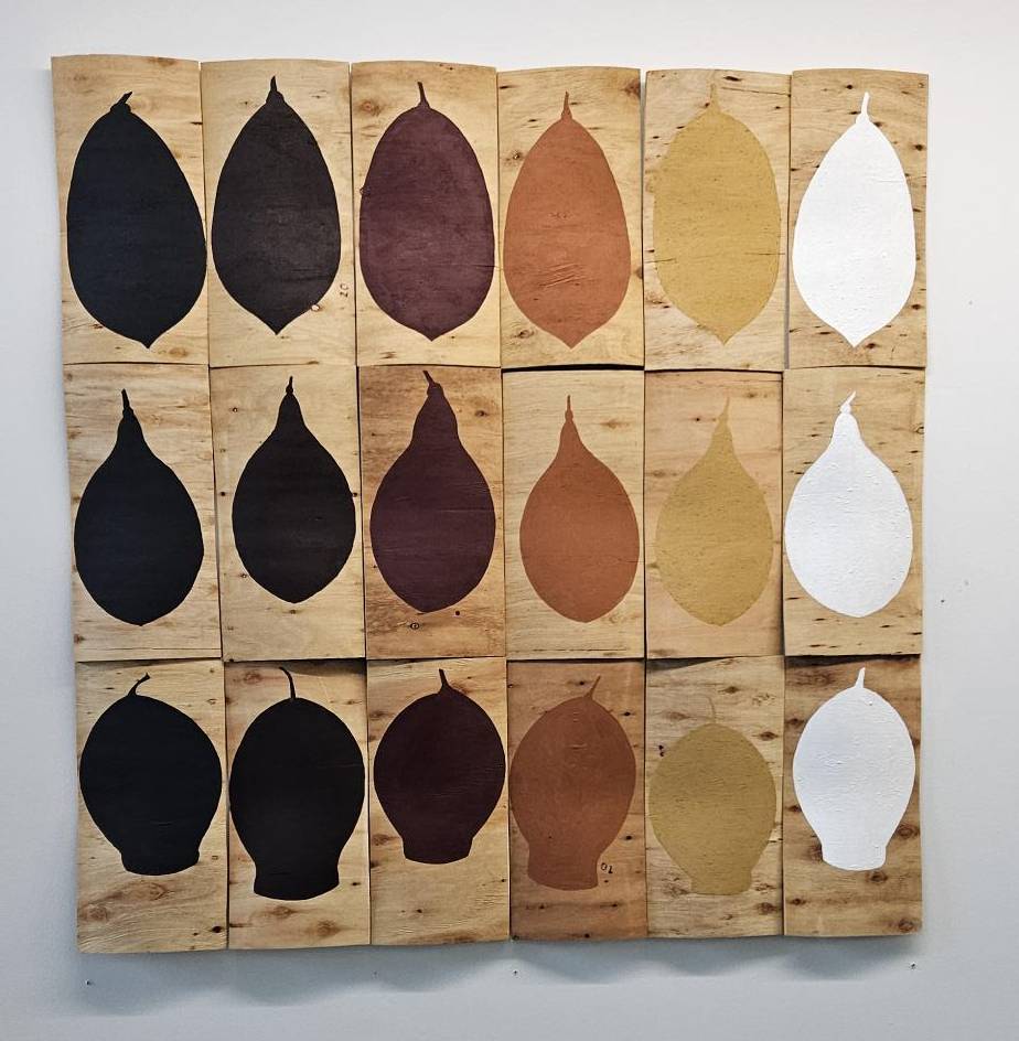 Virginia Ward, 3 Nuts x 6 Colours, 2023, earth pigments on wood offcuts, 49.5 x 24 x 5cm each (set of 18)