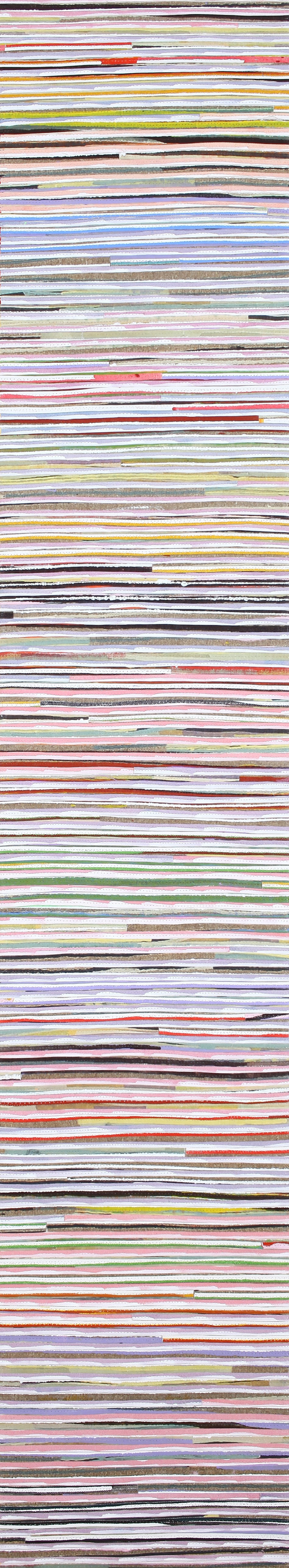 Eveline Kotai, Slim Horizons, 2023, acrylic and polyester thread on canvas, 142 x 25.5cm