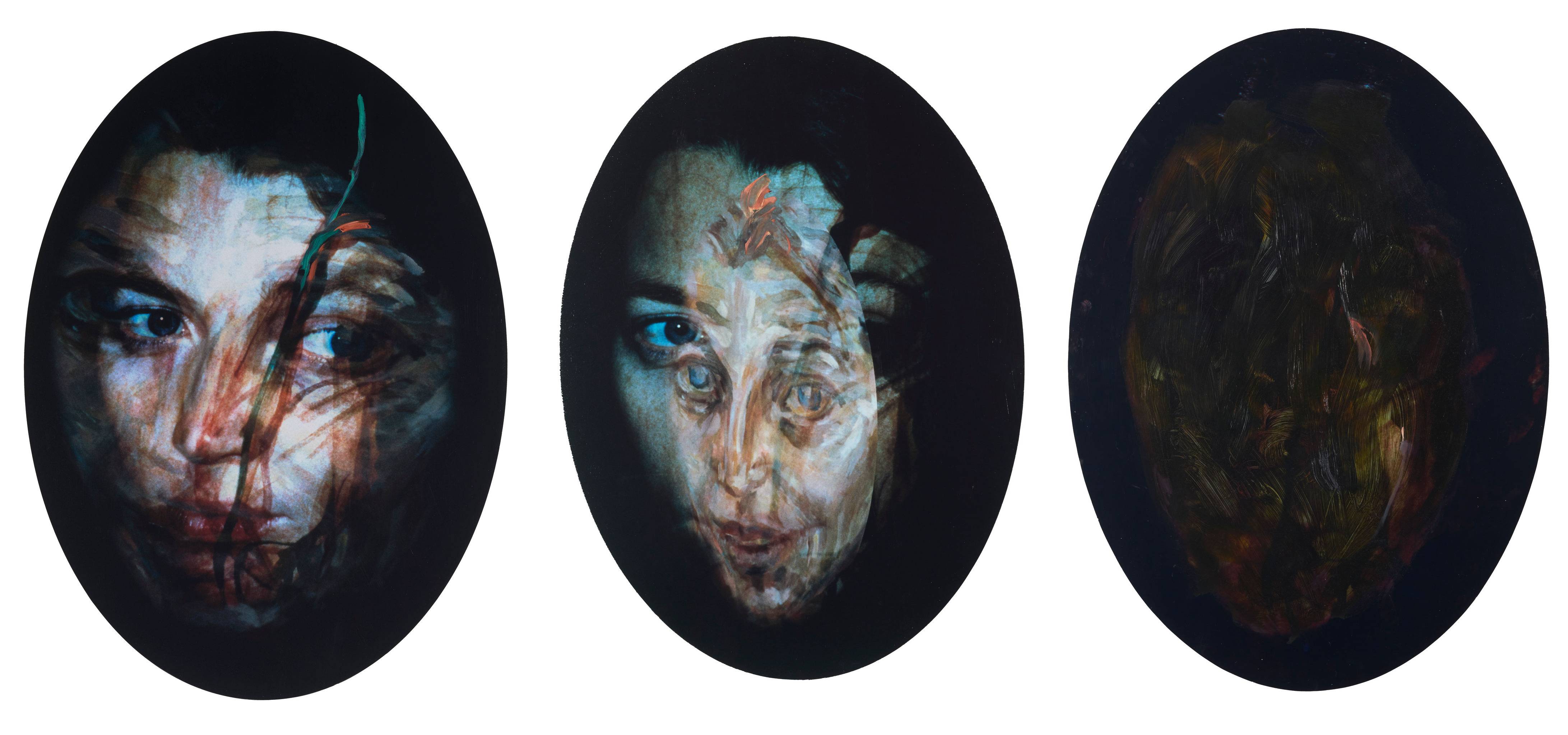 Angela Stewart, Alison August-October 1642, 2022, oil on Ilford high gloss paper on aluminium, 87 x 62cm (each, 3 panels)