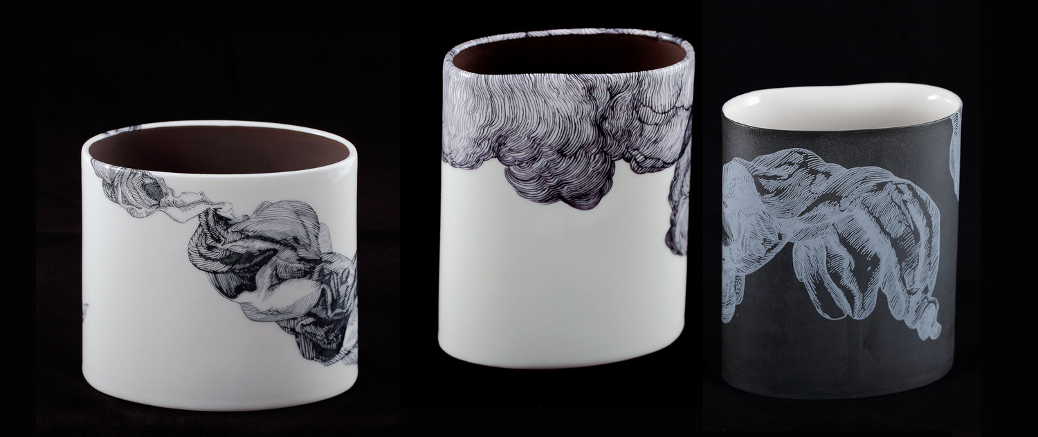 Andrew Nicholls and Sandra Black, Wrap, Smoke 1 and Grey Wrap, 2014, black and white slipcast porcelain, clear glaze with decal, various dimensions. Photo Peter Zuvela