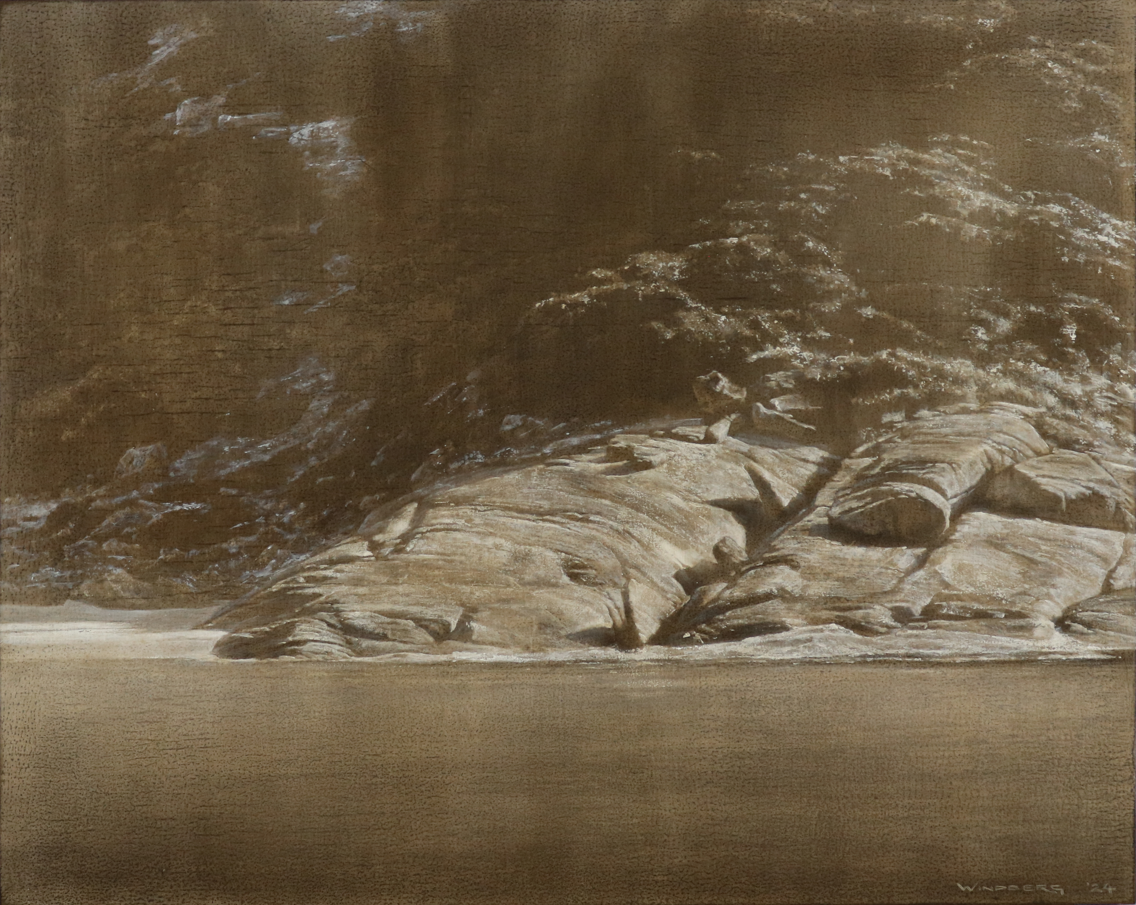 Tony Windberg, Adrift I (Torndirrup), 2024, earth pigments, oil, charcoal, gesso and acrylic binders on board, 40.5 x 51cm