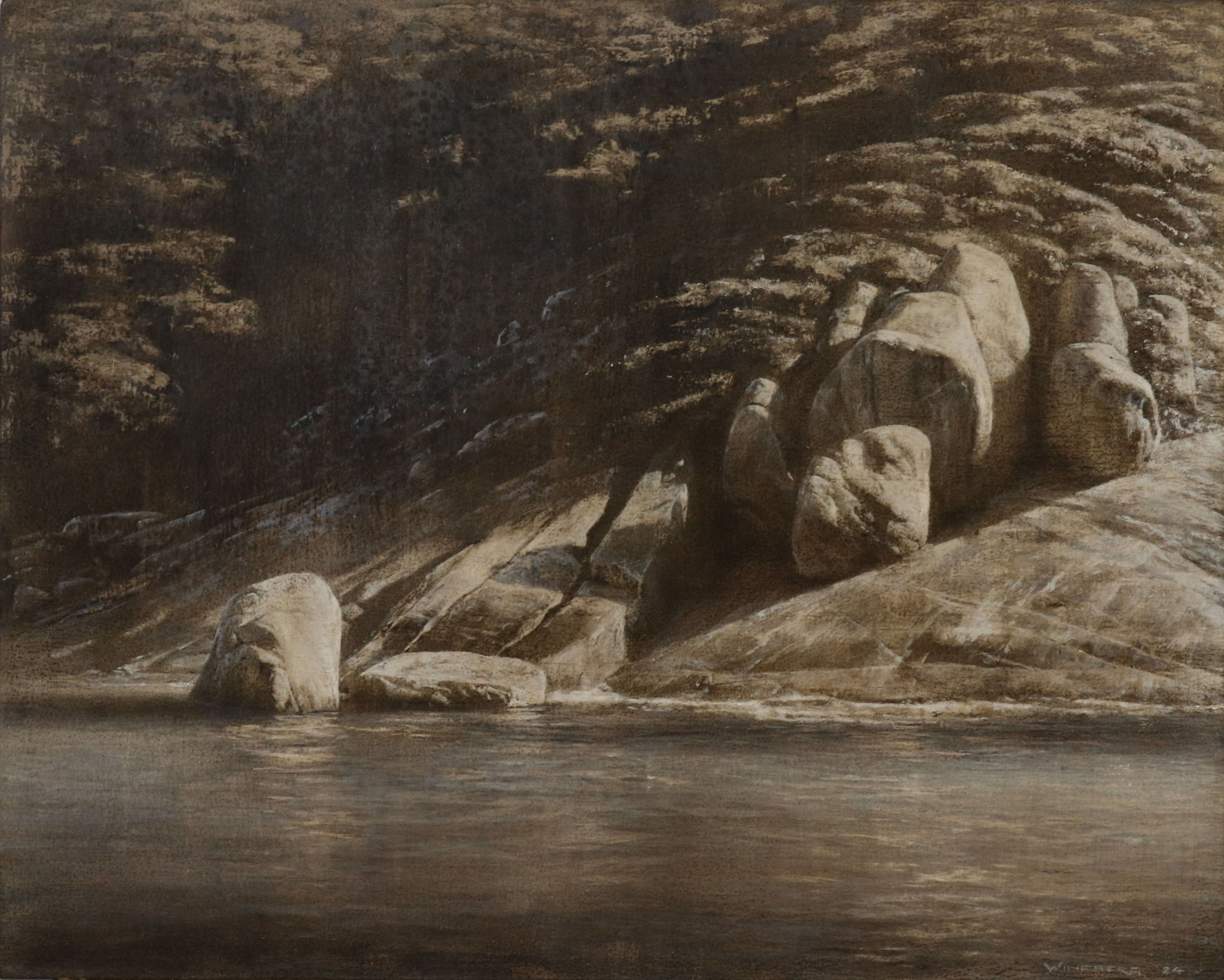 Tony Windberg, Adrift III (Torndirrup), 2024, earth pigments, oil, charcoal, gesso and acrylic binders on board, 40.5 x 51cm