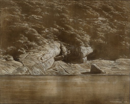 Tony Windberg, Adrift IV (Torndirrup), 2024, earth pigments, oil, charcoal, gesso, acrylic binders on board, 40.5 x 51cm