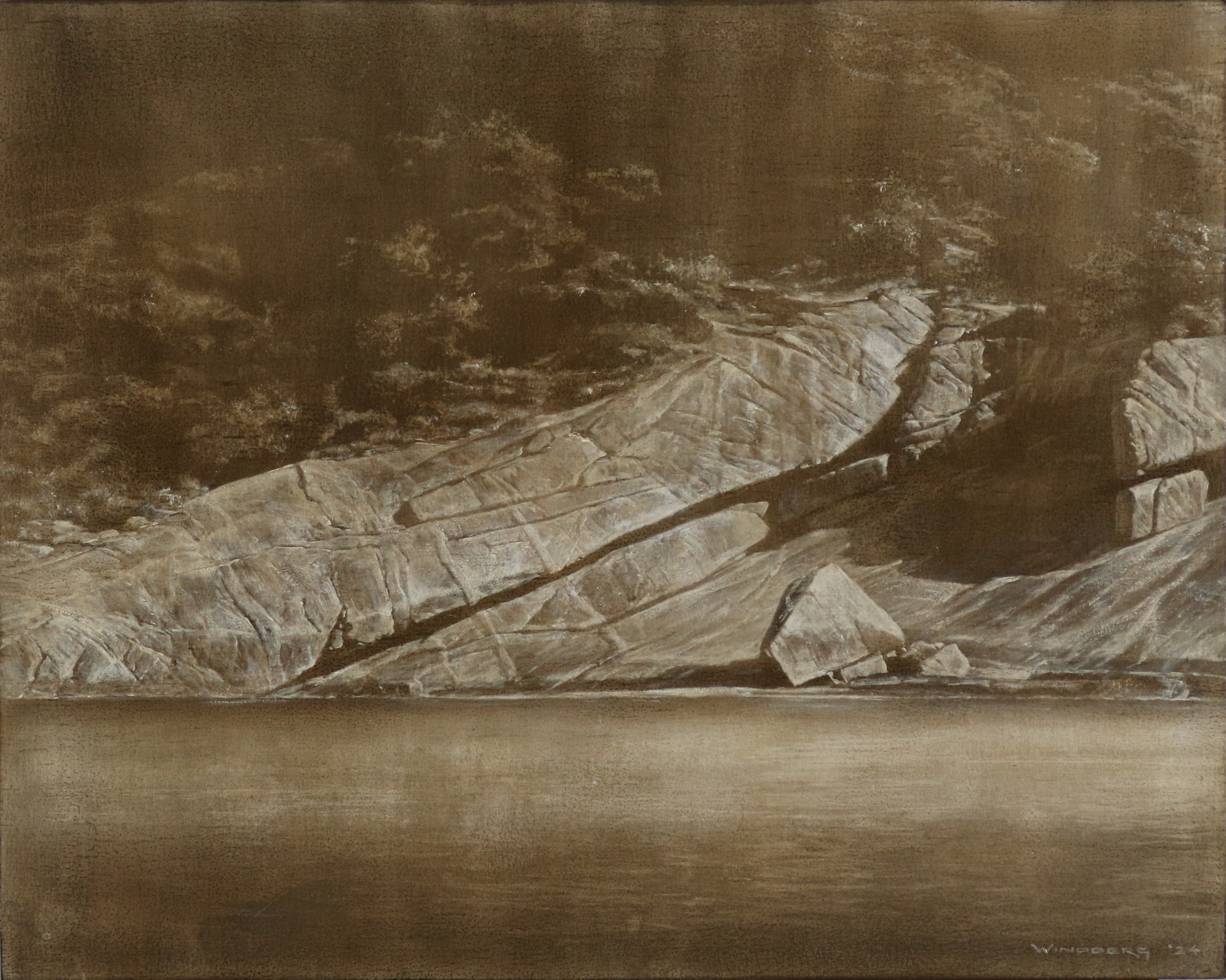Tony Windberg, Adrift V (Torndirrup), 2024, earth pigments, oil, charcoal, gesso and acrylic binders on board, 40.5 x 51cm