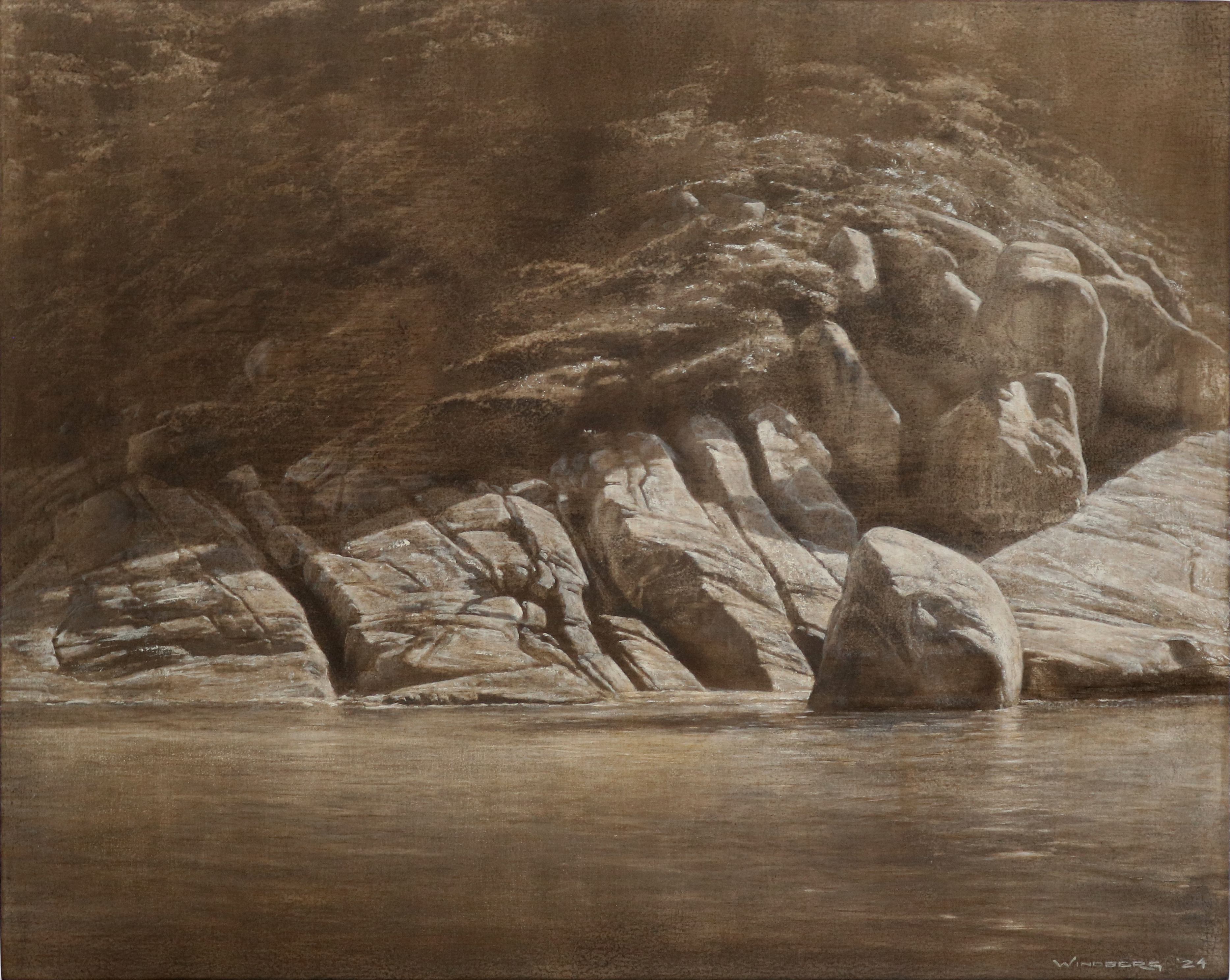 Tony Windberg, Adrift II (Torndirrup), 2024, earth pigments, charcoal, gesso, acrylic binders and oil on board, 40.5 x 51cm