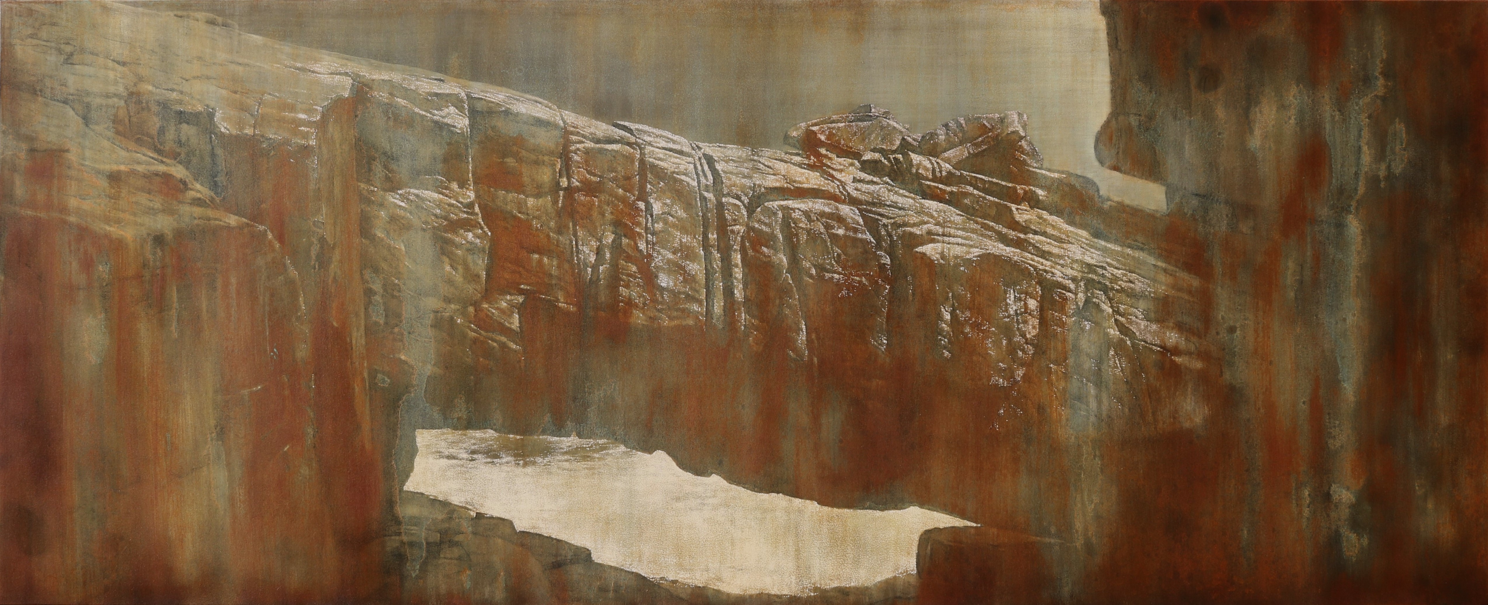 Tony Windberg, Convergence I (Natural Bridge), 2024, engraved iron oxides, Conte crayon, acrylic binders and oil on board, 76.5 x 188.5cm