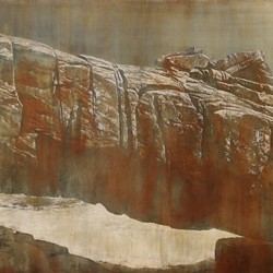 Tony Windberg, Convergence I (Natural Bridge), 2024, engraved iron oxides, Conte crayon, acrylic binders and oil on board, 76.5 x 188.5cm