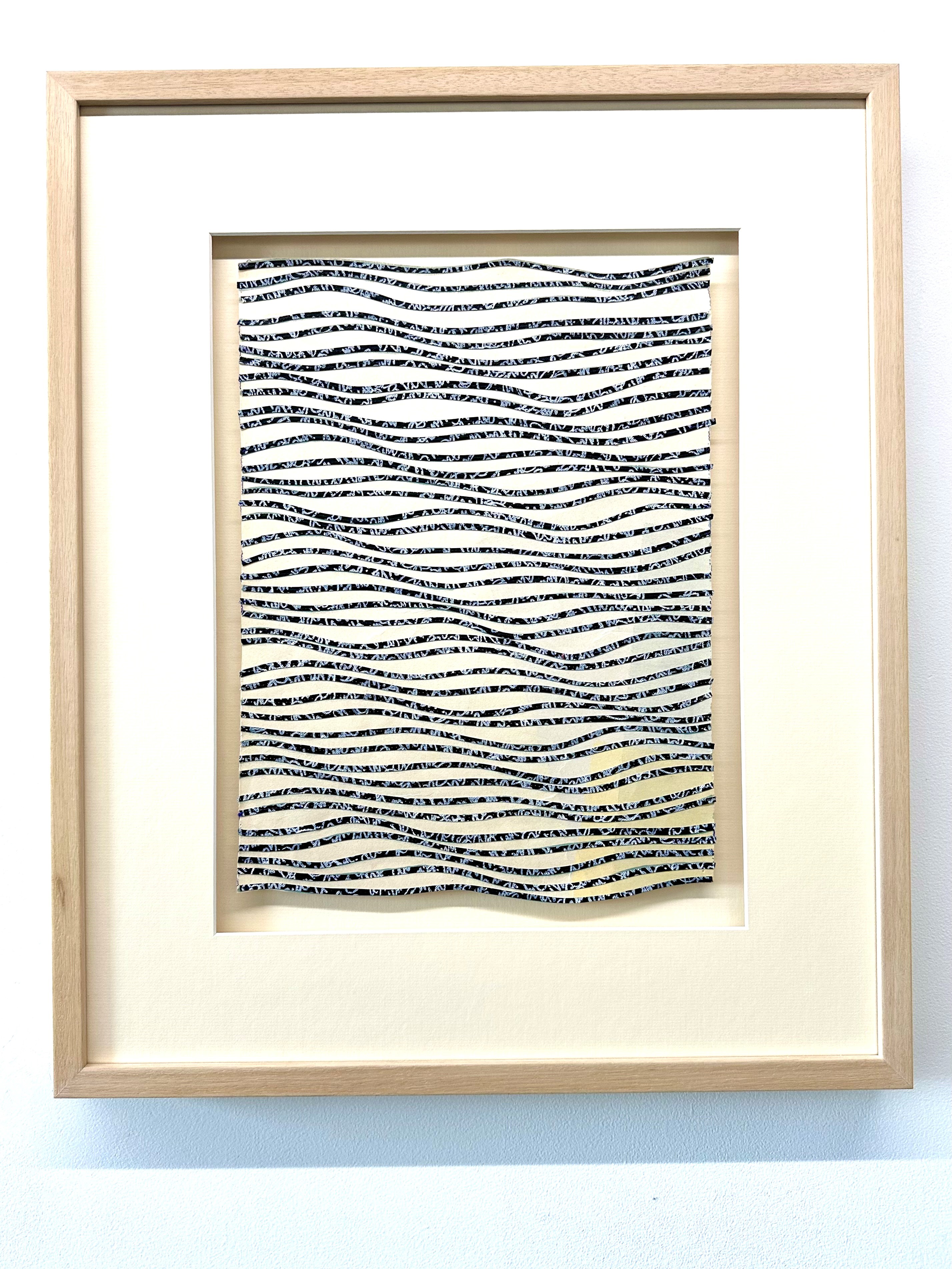 Eveline Kotai, Ripple Effect, 2023, indelible white pen, black canvas and nylon thread on Arches paper, 27 x 45cm