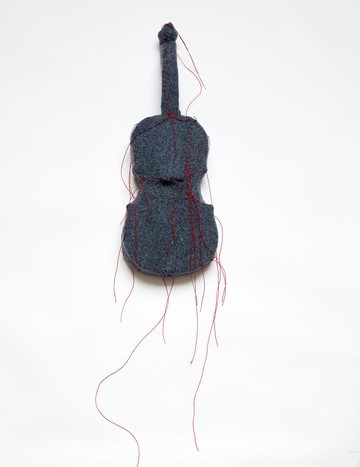 Olga Cironis, Noise in This Silence 14, 2024, repurposed violin, woollen blanket and cotton thread, 48 x 18 x 4cm